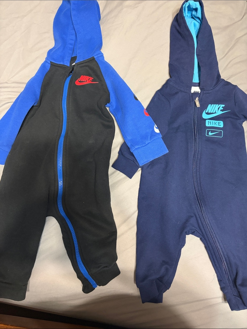 Nike Kids Hooded One-Piece Rompers in Black, Blue & Navy